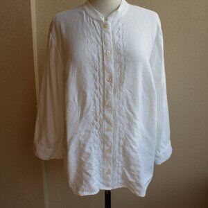 CJ Banks White Linen Blend Collarless Women's Button Down Embroidered Shirt 1X